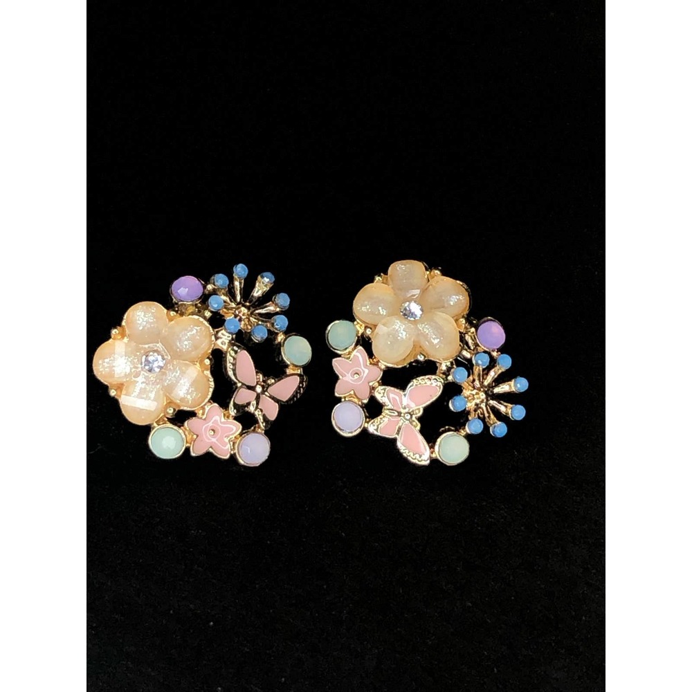 Pretty enamel cluster earrings, floral pastel pierced